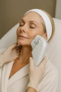 Woman receiving HIFU non surgical facelift treatment St Ives