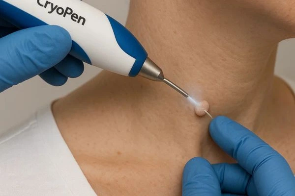 Person receiving cryotherapy St Ives for skin tag removal