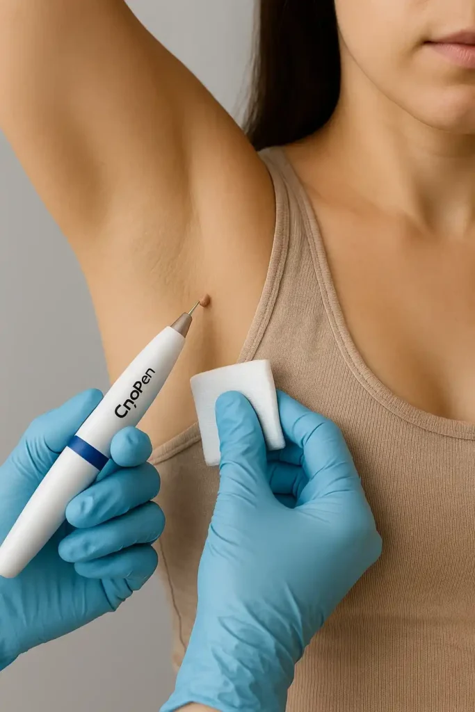 woman having cryopen to remove underarm skin tags St Ives