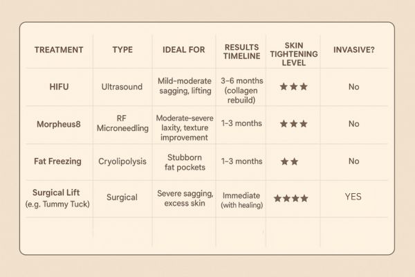 Table showing the comparisons of Skin tightening St Ives treatment options.